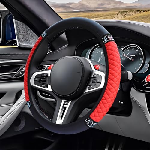 ZIMISI Bling Soft Leather Steering Wheel Cover 15 AntiSlip Sparkly Crystal Auto Elastic Steering Wheel Protector for Women Girl Colorful Diamond Car Interior Accessory for Most Cars Red - Image 1