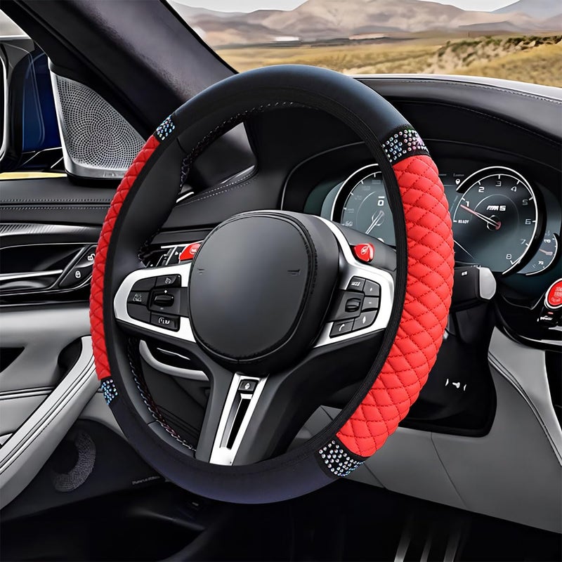ZIMISI Bling Soft Leather Steering Wheel Cover 15 AntiSlip Sparkly Crystal Auto Elastic Steering Wheel Protector for Women Girl Colorful Diamond Car Interior Accessory for Most Cars Red - Image 3