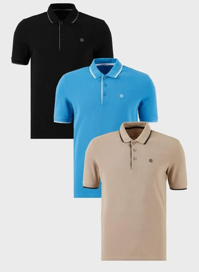 بوراتي تيشيرت رجالي بولو قطن بياقة قميص بقصة ضيقة وتفاصيل مخططة  قطع