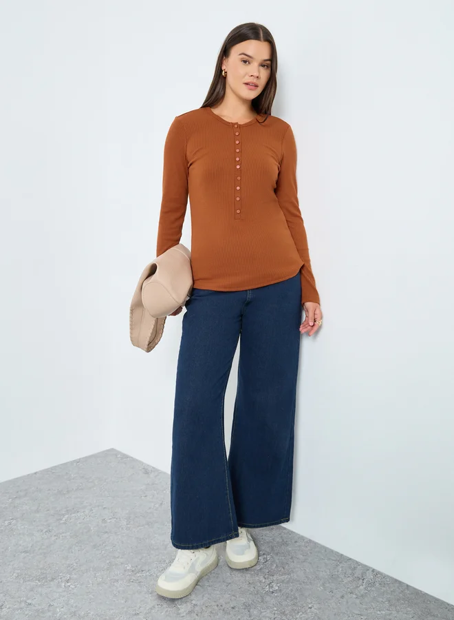 Styli Styli Women Rust Ribbed Long Sleeve Knit Top with Button Placket