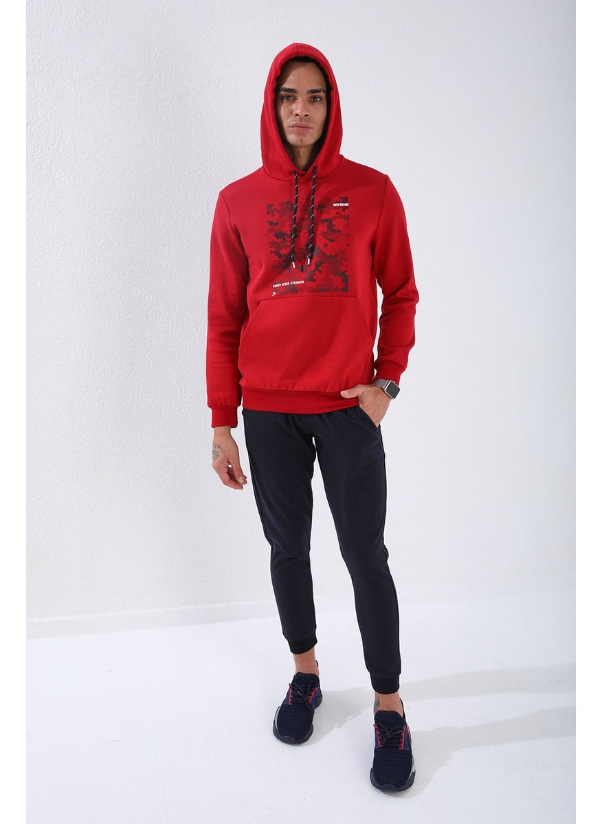 Tommy Life Red Men's Camouflage Pattern Printed Standard Size Hooded Sweatshirt-87884  - Image 1