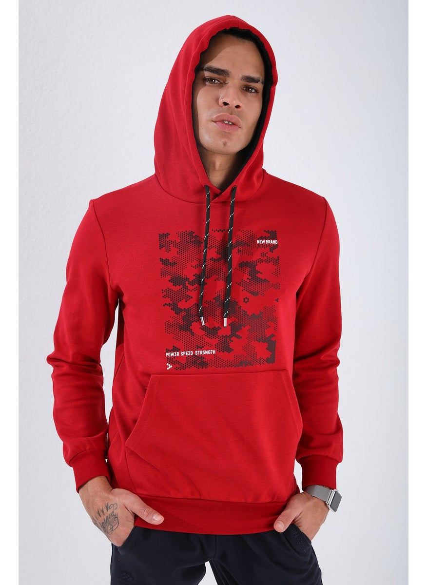 Tommy Life Red Men's Camouflage Pattern Printed Standard Size Hooded Sweatshirt-87884  - Image 5