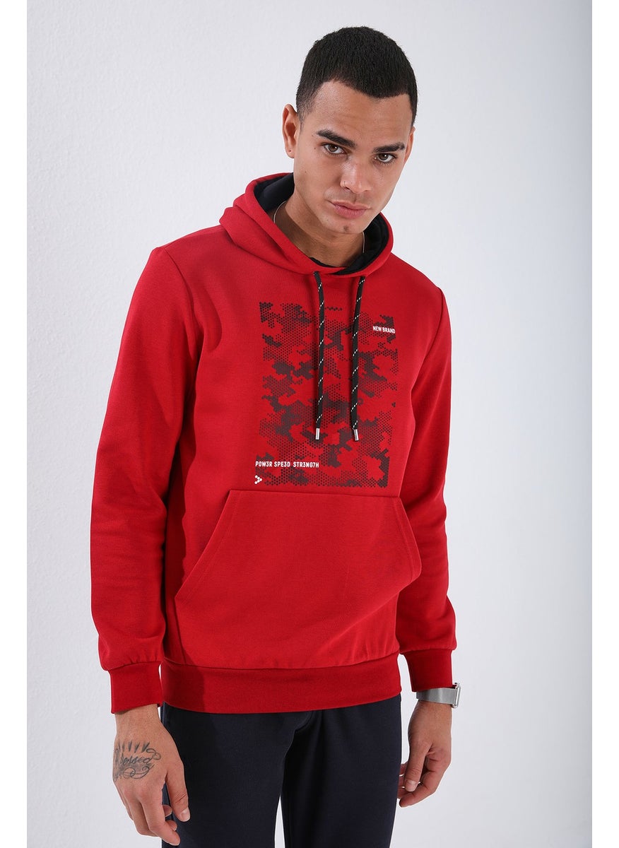 Tommy Life Red Men's Camouflage Pattern Printed Standard Size Hooded Sweatshirt-87884  - Image 3