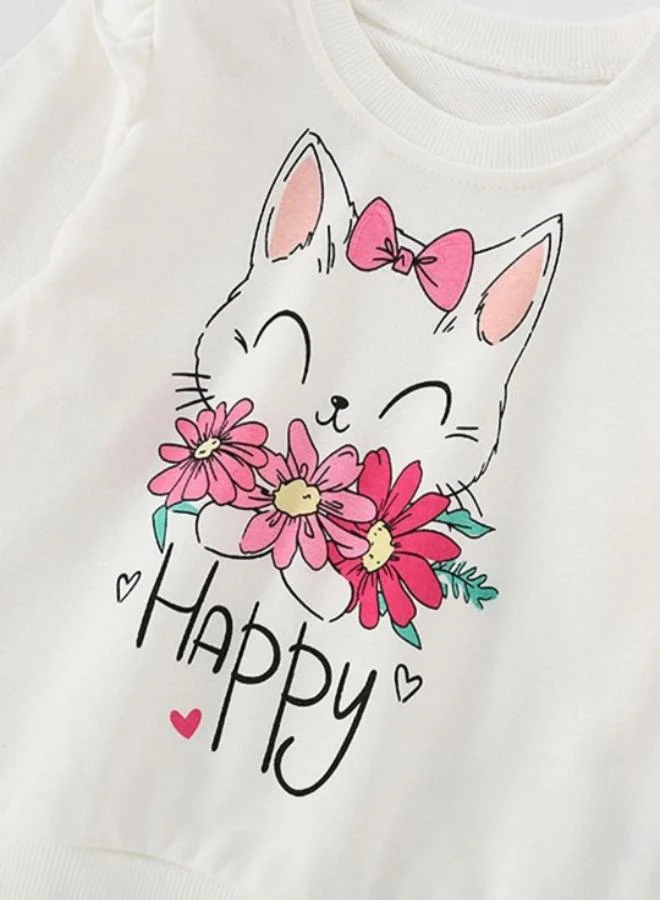 يونيكي White Printed Long Sleeve Crew Neck T-Shirt
