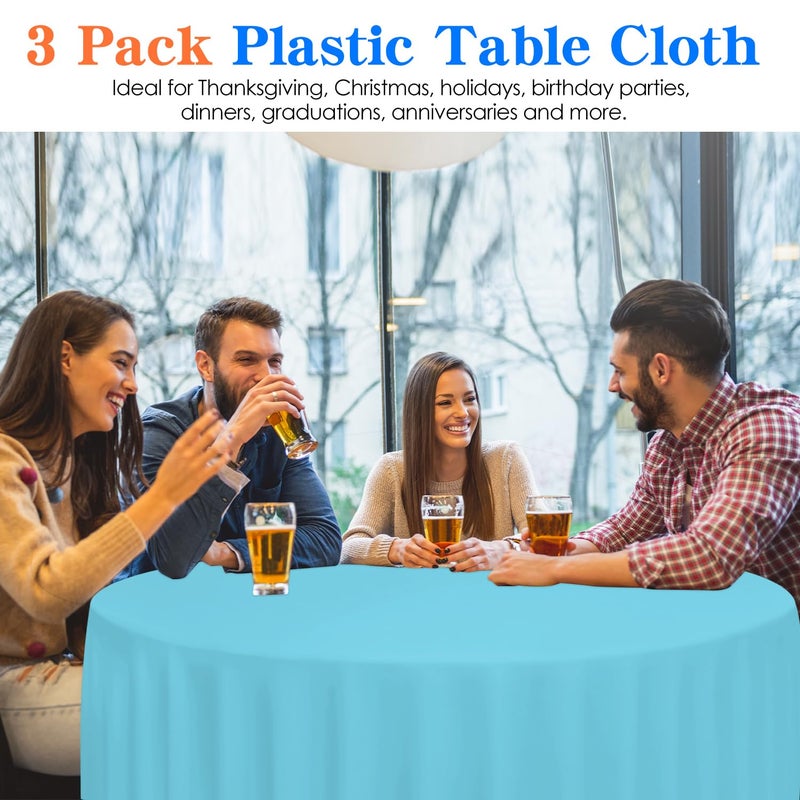 Ysyj 3 Pack Light Blue Plastic Tablecloth Disposable Round Table Cloth 84 Inch Table Cover For Parties - Image 4