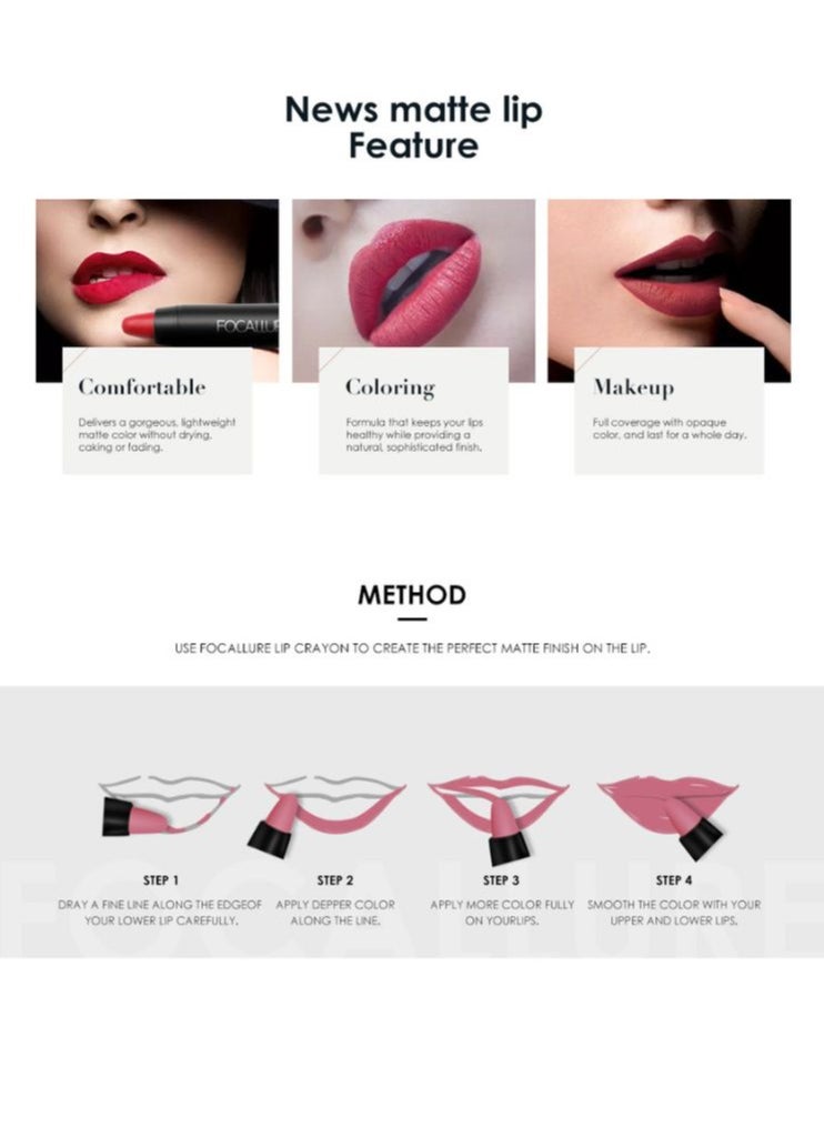 FOCALLURE - Matte Lips Crayon Lipstick Long Lasting Pen  Rich Creamy Vitamin E Lipstick FA22-1 - Image 1