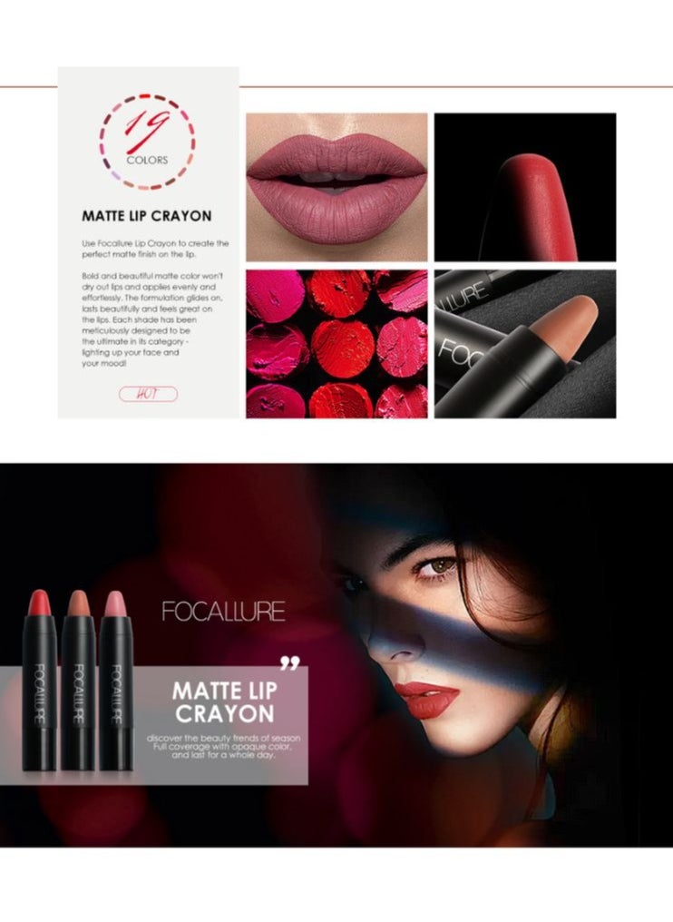 FOCALLURE - Matte Lips Crayon Lipstick Long Lasting Pen  Rich Creamy Vitamin E Lipstick FA22-1 - Image 1