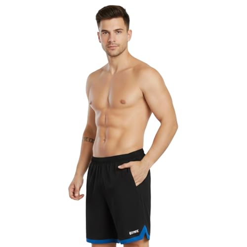 GYMIFIC Men’s Black Sports Shorts | Lightweight Quick-Dry Gym, Running & Training Shorts with Contrast Blue Design, Zipper Pockets & Stretchable Fabric for Football & Fitness (XXL, Black) - Image 2