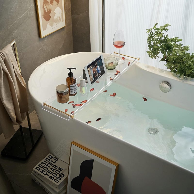 Bathtub Tray Clear Caddy Rack Acrylic Tub Tray Shelf with Gold Rails to Hold Book Phone Candle Wine  Waterproof Bathtub Accessories Luxury Gifts for Women