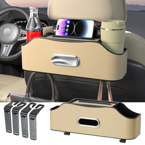 Sancaral Back Seat Cup Holder for Car – Multifunctional Rear Seat Organizer with Drink Holders, Tissue Box Storage & Hooks, Fits Headrest for Auto, Family Travel Accessories. (Beige) - Image 1