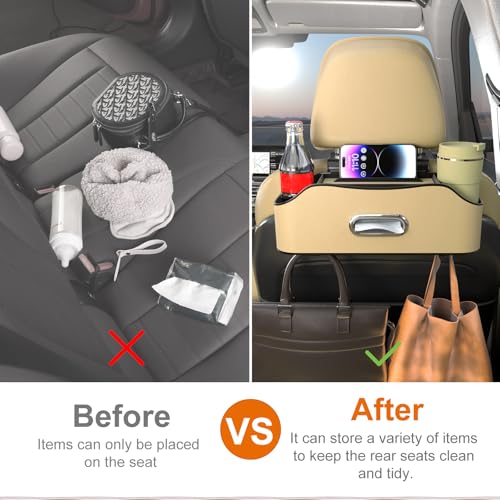 Sancaral Back Seat Cup Holder for Car – Multifunctional Rear Seat Organizer with Drink Holders, Tissue Box Storage & Hooks, Fits Headrest for Auto, Family Travel Accessories. (Beige) - Image 2