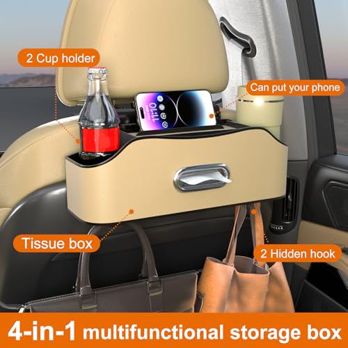 Sancaral Back Seat Cup Holder for Car – Multifunctional Rear Seat Organizer with Drink Holders, Tissue Box Storage & Hooks, Fits Headrest for Auto, Family Travel Accessories. (Beige) - Image 4