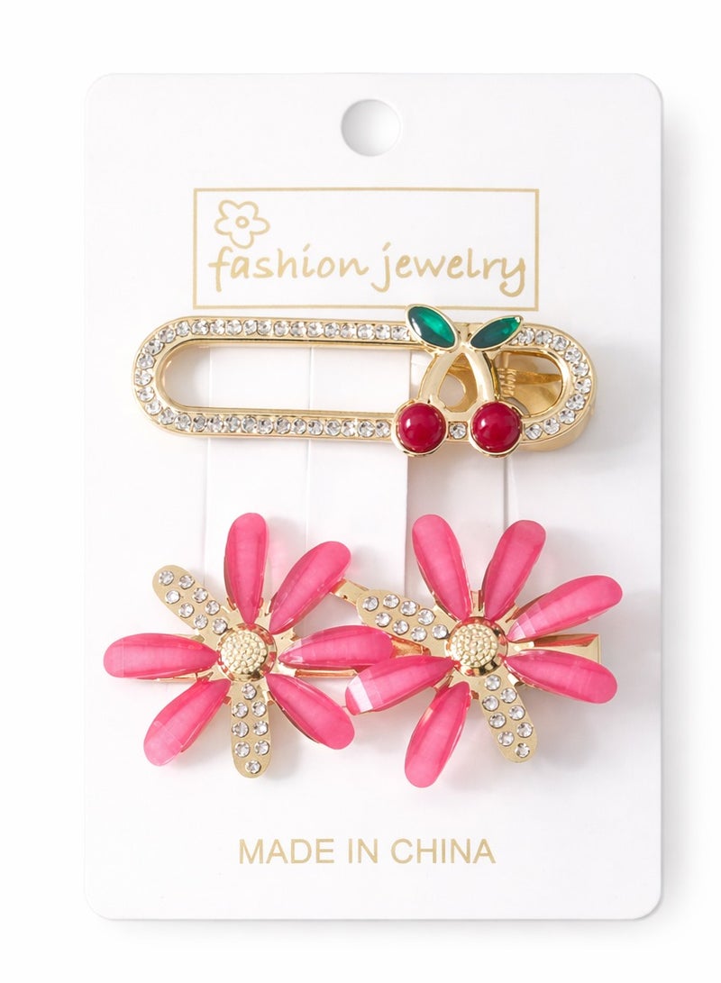 Gold Hair Clip with Pink Flower Design & Cherry Detail - Image 1