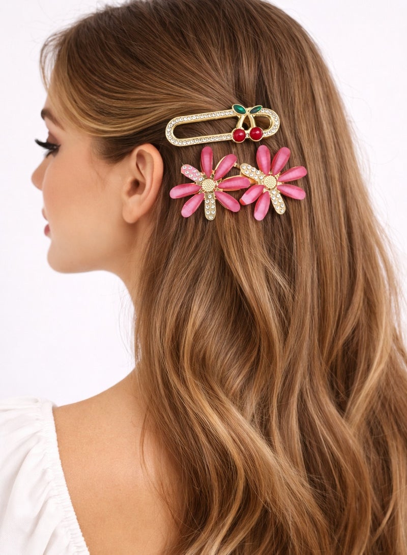 Gold Hair Clip with Pink Flower Design & Cherry Detail - Image 3
