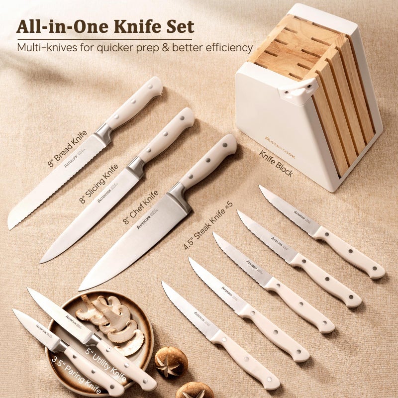 Astercook Knife Set, Kitchen Knife Set with Block and Sharpener, 12 Pcs Ultra-Sharp High Carbon Stainless Steel Knife Block Set with Non-Slip Full Tang Ergonomic Handle, Cream White Cutlery Set - Image 2