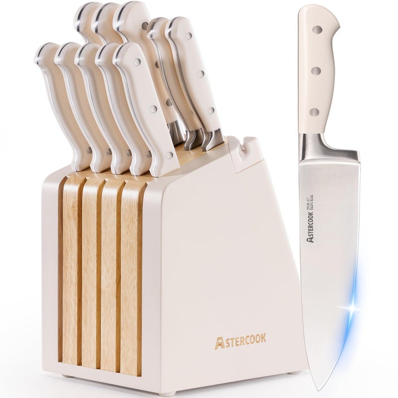 Astercook Knife Set, Kitchen Knife Set with Block and Sharpener, 12 Pcs Ultra-Sharp High Carbon Stainless Steel Knife Block Set with Non-Slip Full Tang Ergonomic Handle, Cream White Cutlery Set - Image 1