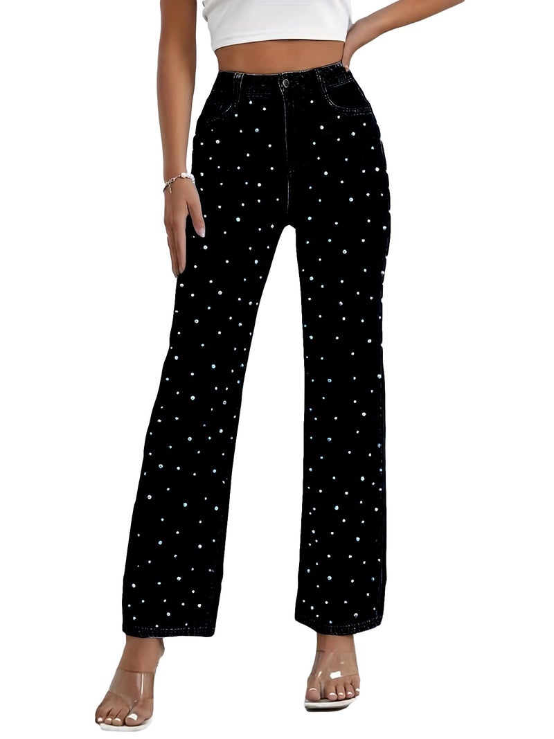Kedera Women's Plus Size High Waist Pearls Beaded Denim Pants Regular Fit Jeans Trousers Black - Image 1