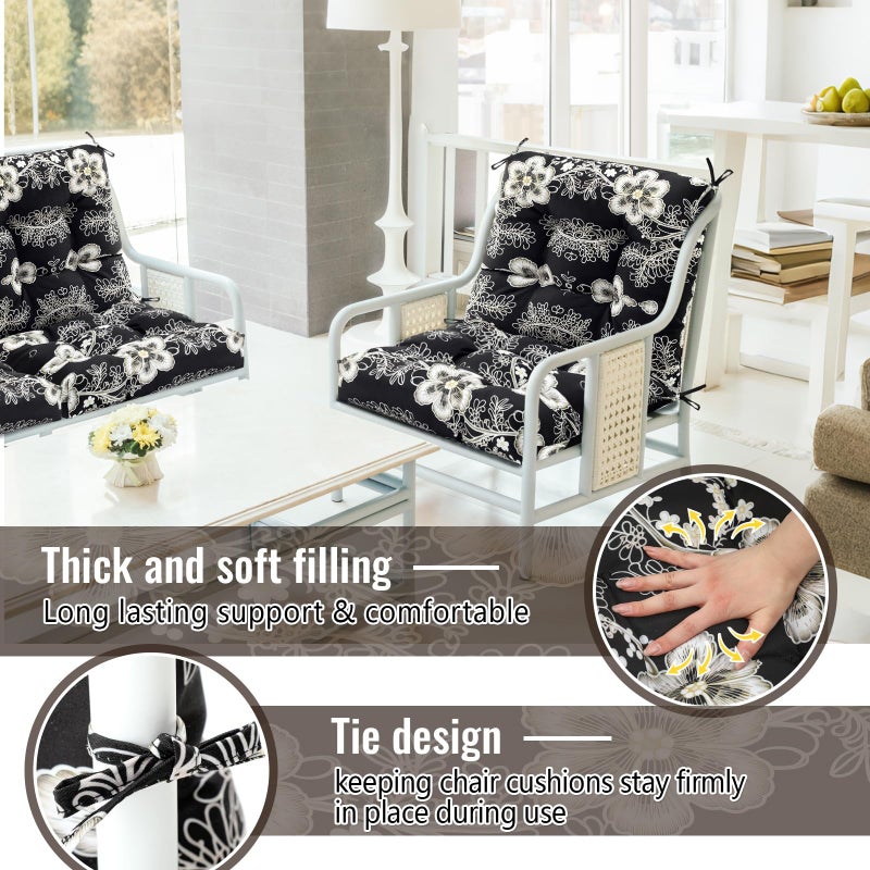 Marsui 4 Pcs Outdoor Indoor High Back Chair Cushions Patio Furniture Tufted Pillow with Ties Water-Resistant Replacement Outdoor Rocking Chair Cushions, 42 x 21 Inches (Black,Flower) - Image 5
