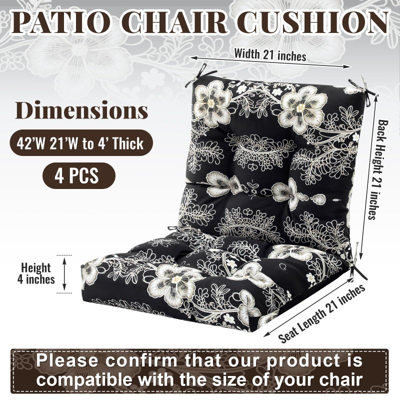 Marsui 4 Pcs Outdoor Indoor High Back Chair Cushions Patio Furniture Tufted Pillow with Ties Water-Resistant Replacement Outdoor Rocking Chair Cushions, 42 x 21 Inches (Black,Flower) - Image 2