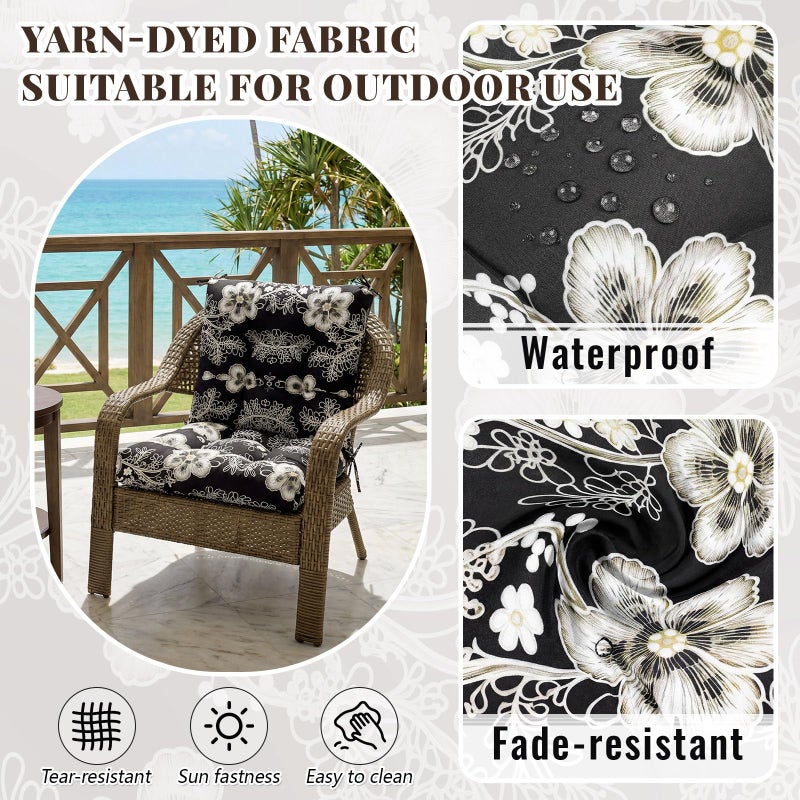 Marsui 4 Pcs Outdoor Indoor High Back Chair Cushions Patio Furniture Tufted Pillow with Ties Water-Resistant Replacement Outdoor Rocking Chair Cushions, 42 x 21 Inches (Black,Flower) - Image 4
