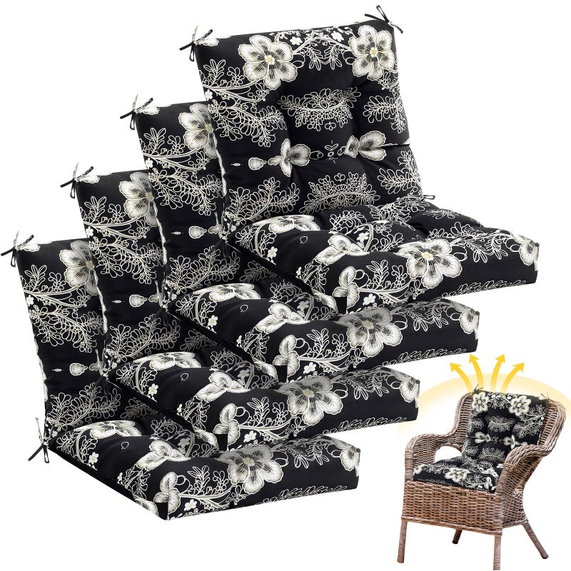 Marsui 4 Pcs Outdoor Indoor High Back Chair Cushions Patio Furniture Tufted Pillow with Ties Water-Resistant Replacement Outdoor Rocking Chair Cushions, 42 x 21 Inches (Black,Flower) - Image 1
