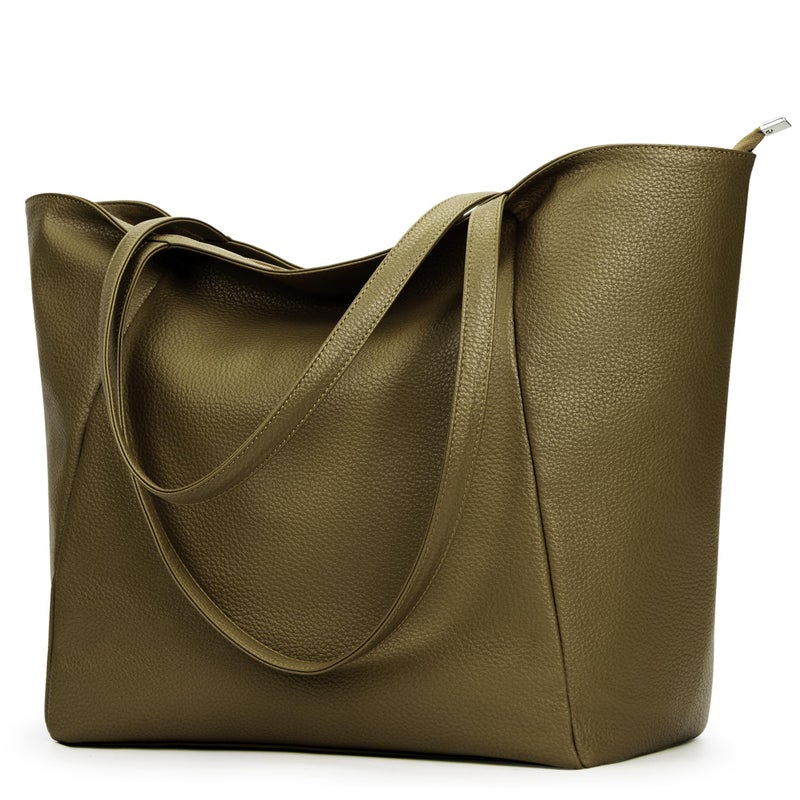 KALIDI Large Tote Bag Vegan Leather Casual Zipper Work Bag Weekender Hobo for Women 16L Oversize Shoulder Travel Purse, Olive Green - Image 1