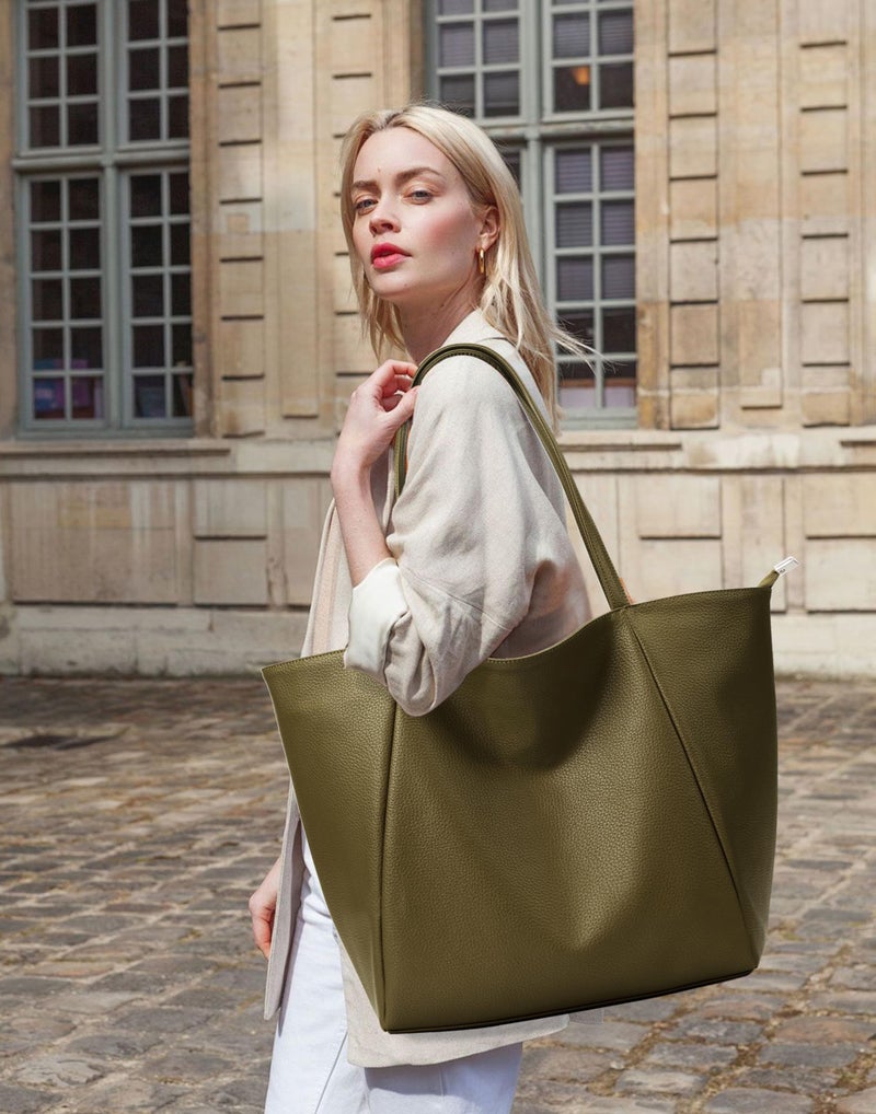 KALIDI Large Tote Bag Vegan Leather Casual Zipper Work Bag Weekender Hobo for Women 16L Oversize Shoulder Travel Purse, Olive Green - Image 3