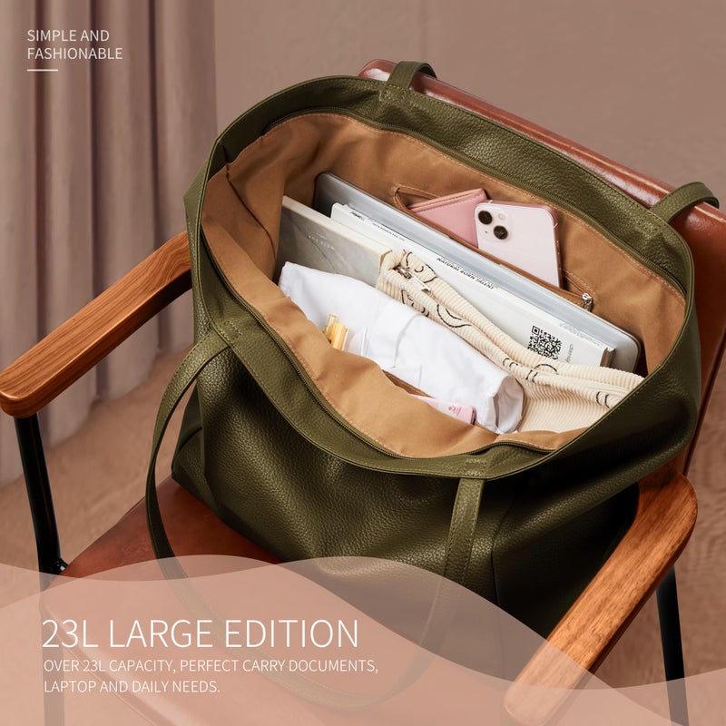 KALIDI Large Tote Bag Vegan Leather Casual Zipper Work Bag Weekender Hobo for Women 16L Oversize Shoulder Travel Purse, Olive Green - Image 4