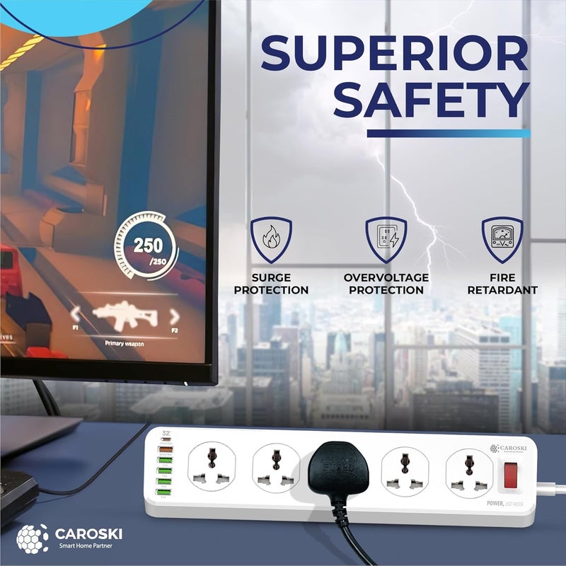 CAROSKI Extension Cord with 10 Sockets & 6 USB Ports Heavy Duty Triangular Shape Power Extension With 1 Year Warrenty 4 USB-A 1 USB-C 1QC and 1Extra charging cable Power Strip with 2M Extension Cable - Image 4