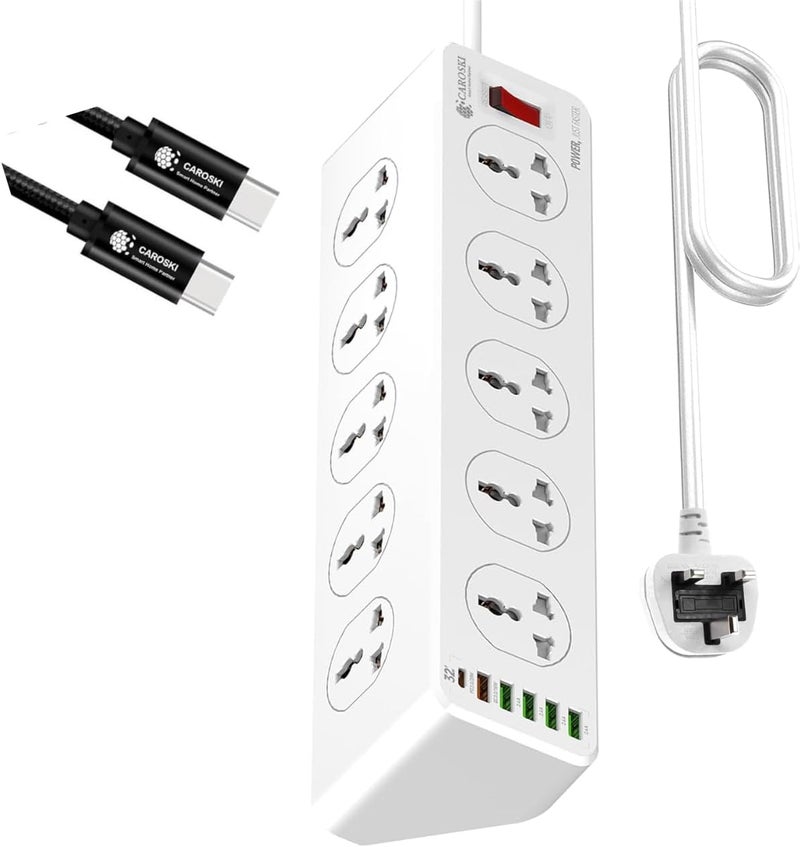 CAROSKI Extension Cord with 10 Sockets & 6 USB Ports Heavy Duty Triangular Shape Power Extension With 1 Year Warrenty 4 USB-A 1 USB-C 1QC and 1Extra charging cable Power Strip with 2M Extension Cable - Image 1