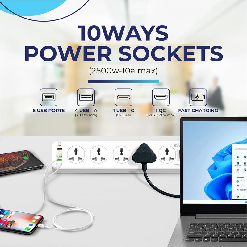 CAROSKI Extension Cord with 10 Sockets & 6 USB Ports Heavy Duty Triangular Shape Power Extension With 1 Year Warrenty 4 USB-A 1 USB-C 1QC and 1Extra charging cable Power Strip with 2M Extension Cable - Image 2