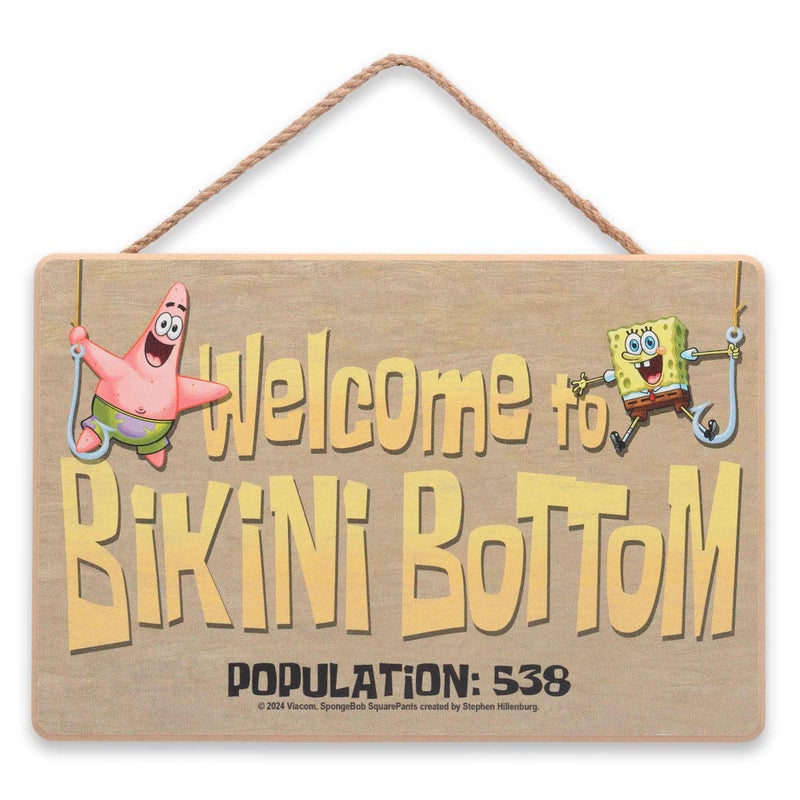 Open Road Brands Nickelodeon SpongeBob SquarePants Welcome to Bikini Bottom Hanging Wood Wall Decor - Fun Bikini Bottom Sign for Home  - Image 1