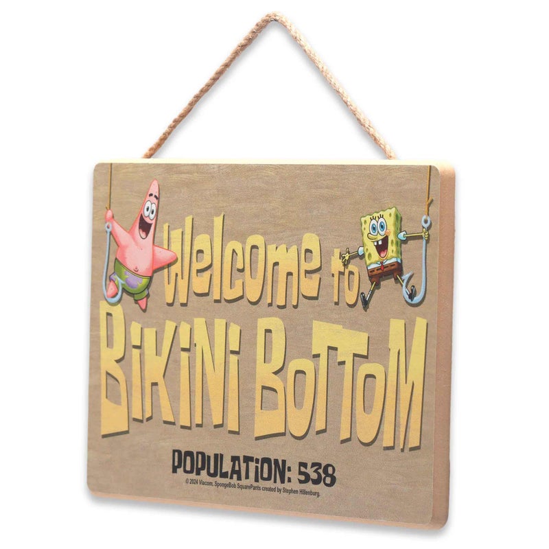 Open Road Brands Nickelodeon SpongeBob SquarePants Welcome to Bikini Bottom Hanging Wood Wall Decor - Fun Bikini Bottom Sign for Home  - Image 2