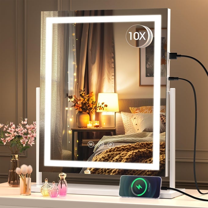 VANITY MIRROR WITH LIGHTS 16 X 20 LED MAKEUP MIRROR LIGHT UP MIRROR WITH SMART TOUCH 3 COLOR MODES AND BRIGHTNESS ADJUSTMENT 10X MAGNIFYING GLASS360 ROTATION