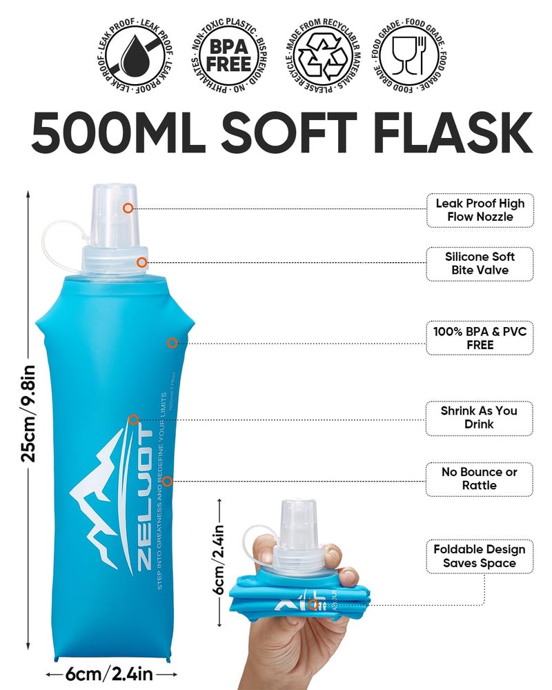 Zelvot Running Vest Soft Flask, BPA-Free 500ml Collapsible Water Bottle for Hydration Backpack, Folding Running Water Bottle for Marathon Hiking Cycling Climbing (Blue, 500 ML) - Image 5