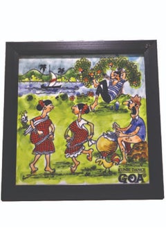 Goa2Gulf Azulejos Hand Painted Baked Tile with Frame in Color - Kunbi Dance 17 x 17 cm