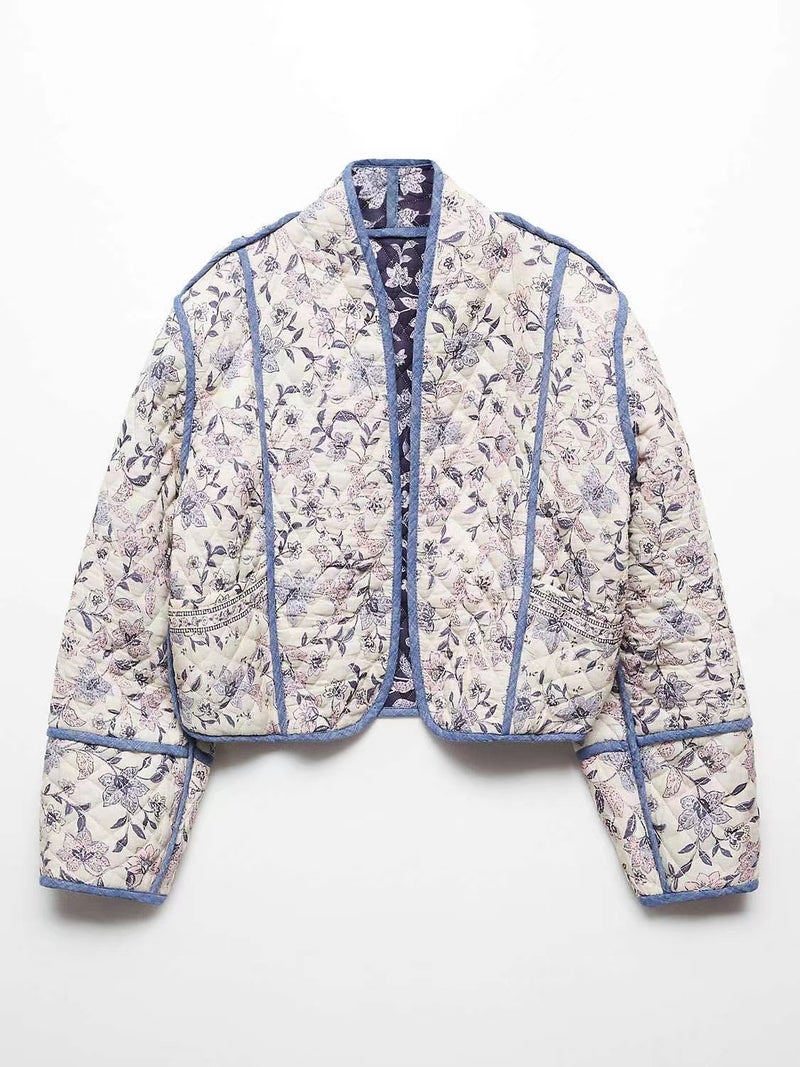 French Style Fashion Patchwork Print Cotton Cardigan Color Top - Image 4