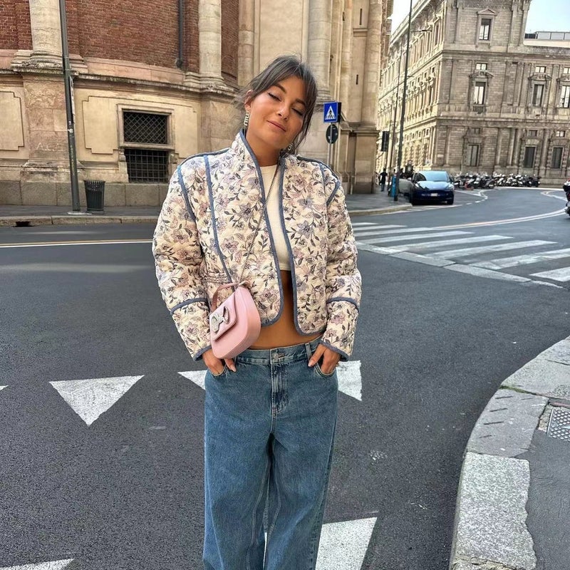 French Style Fashion Patchwork Print Cotton Cardigan Color Top - Image 2