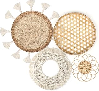 Unittype Unittype Set of 4 Boho Wall Basket Decor Wall Hanging Rattan Macrame Decor Flat Round Wicker Woven Macrame Tassels  - Image 1