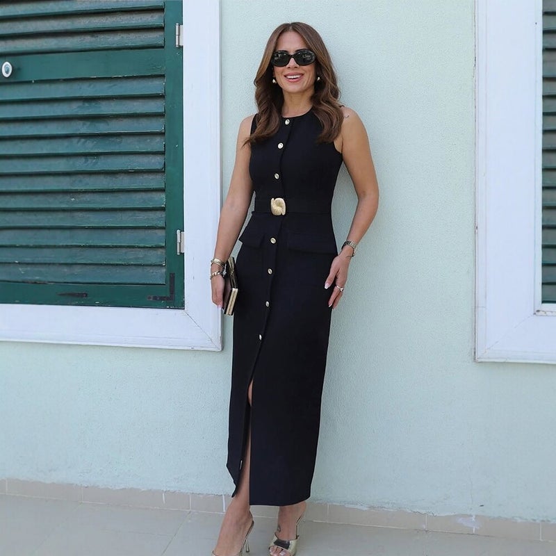 Women's Sleeveless Midi Dress with Belt - Image 3