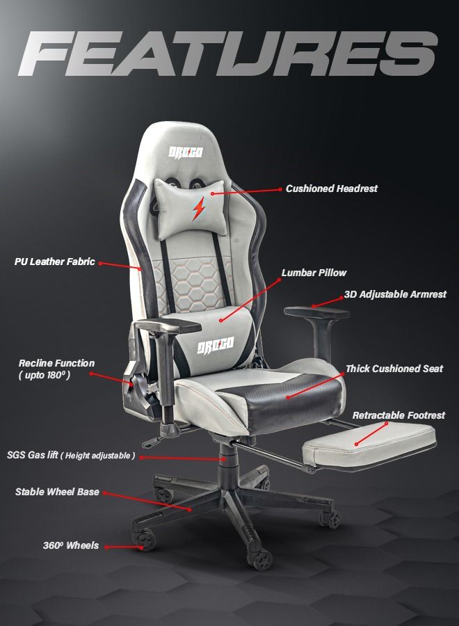 DROGO Drogo Multi-Purpose Ergonomic Gaming Chair with 7 Way adjustable Seat 3D Armrest PU Leather Head  Lumbar Support Pillow| Desk Chair Home  Office Chair with Full Reclining Back Footrest Grey  - Image 3
