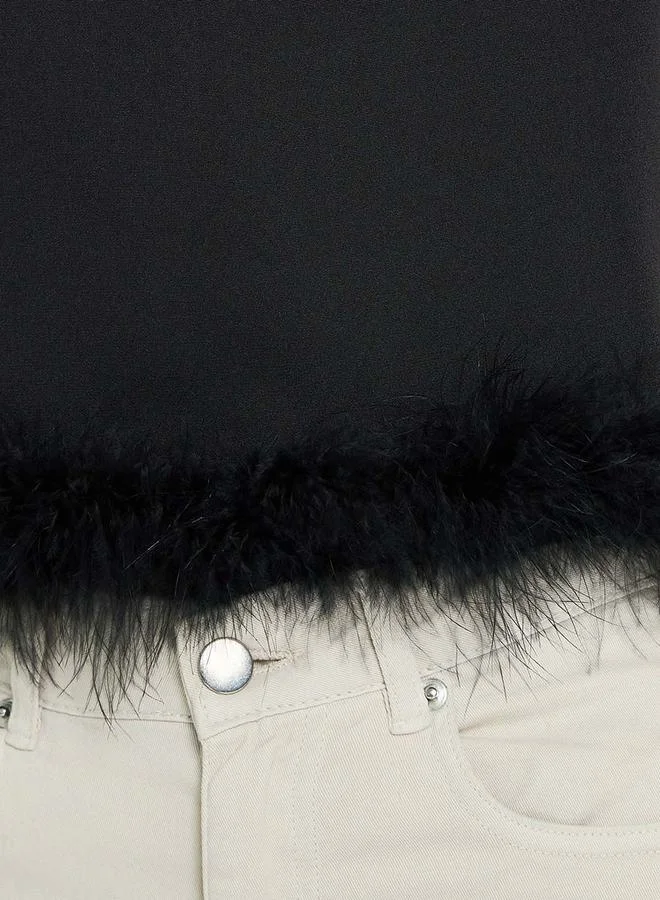 Take Two Faux Feather Hem Detail Crop T-Shirt