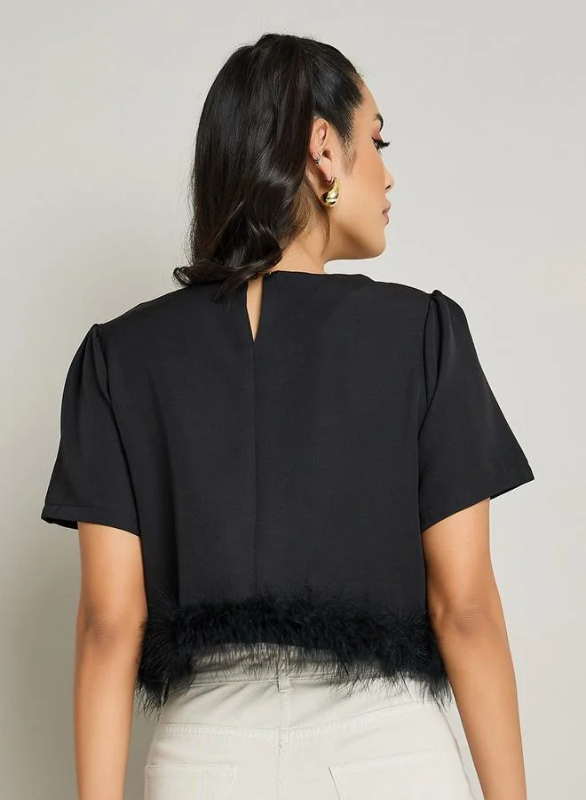 Take Two Faux Feather Hem Detail Crop T-Shirt