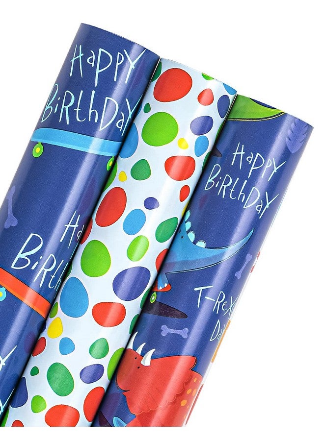 الأولاد عيد ميلاد ورق التغليف لفة صغيرة لفة 3 لفات 17 بوصة × 120 بوصة لكل لفة الديناصورات الزرقاء تصميم عيد ميلاد سعيد للطفل عيد ميلاد استحمام الطفل - Image 2