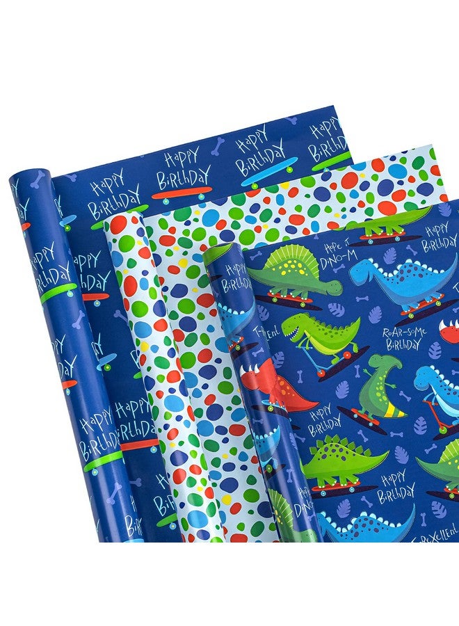 الأولاد عيد ميلاد ورق التغليف لفة صغيرة لفة 3 لفات 17 بوصة × 120 بوصة لكل لفة الديناصورات الزرقاء تصميم عيد ميلاد سعيد للطفل عيد ميلاد استحمام الطفل - Image 3