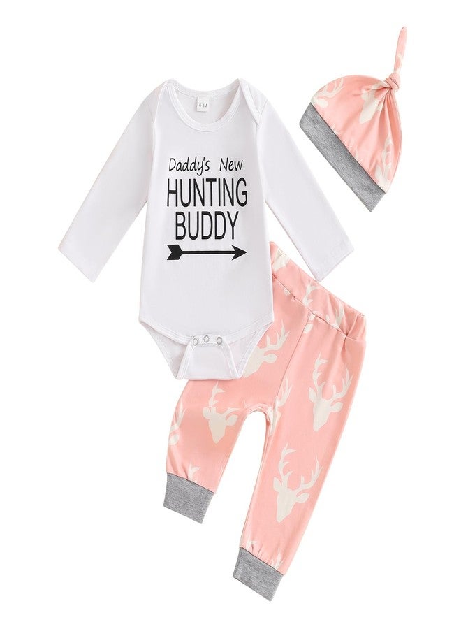 Lenjindjer Baby Boy Girl Hunting Outfits Long Sleeve Daddy's Future Hunting Buddy Romper Deer Pants Hat Coming Home Outfit (Pink, 3-6 Months) - Image 1