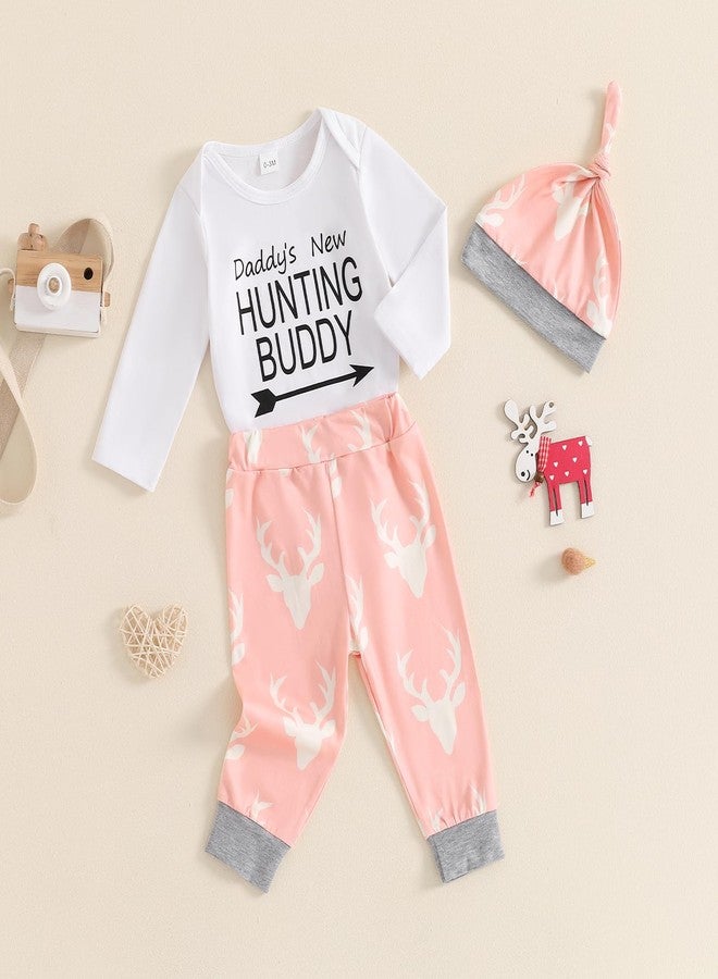 Lenjindjer Baby Boy Girl Hunting Outfits Long Sleeve Daddy's Future Hunting Buddy Romper Deer Pants Hat Coming Home Outfit (Pink, 3-6 Months) - Image 2