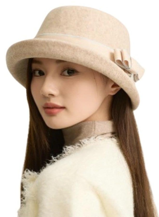 Pocadri Women Vintage Felt Cloche Hats Winter Fall Solid Fedora Bucket Caps Elegant Bowler Hat Bowknot, Beige, One size - Image 4