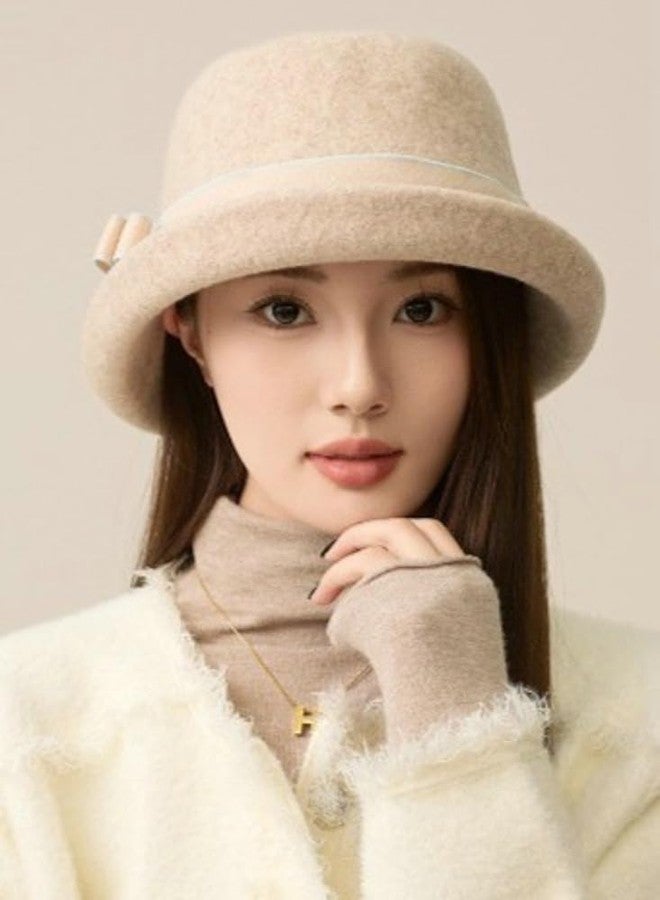 Pocadri Women Vintage Felt Cloche Hats Winter Fall Solid Fedora Bucket Caps Elegant Bowler Hat Bowknot, Beige, One size - Image 2
