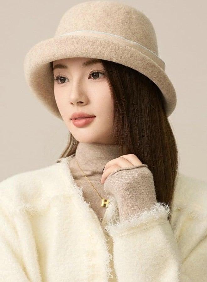 Pocadri Women Vintage Felt Cloche Hats Winter Fall Solid Fedora Bucket Caps Elegant Bowler Hat Bowknot, Beige, One size - Image 3